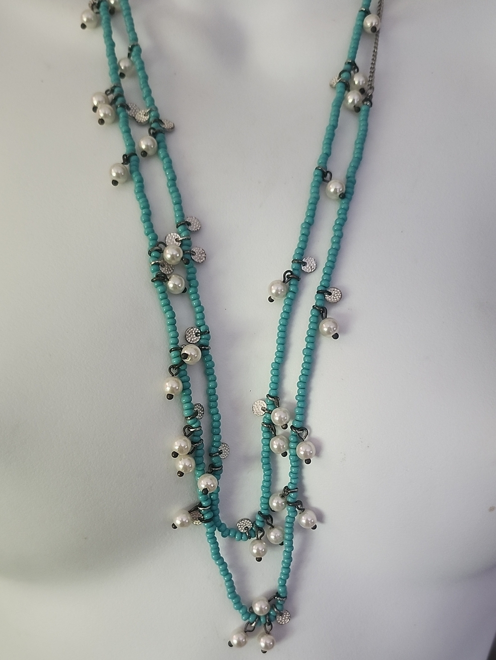 American Eagle Outfitters Turquoise Beaded Layered Necklace Faux Pearl Accents